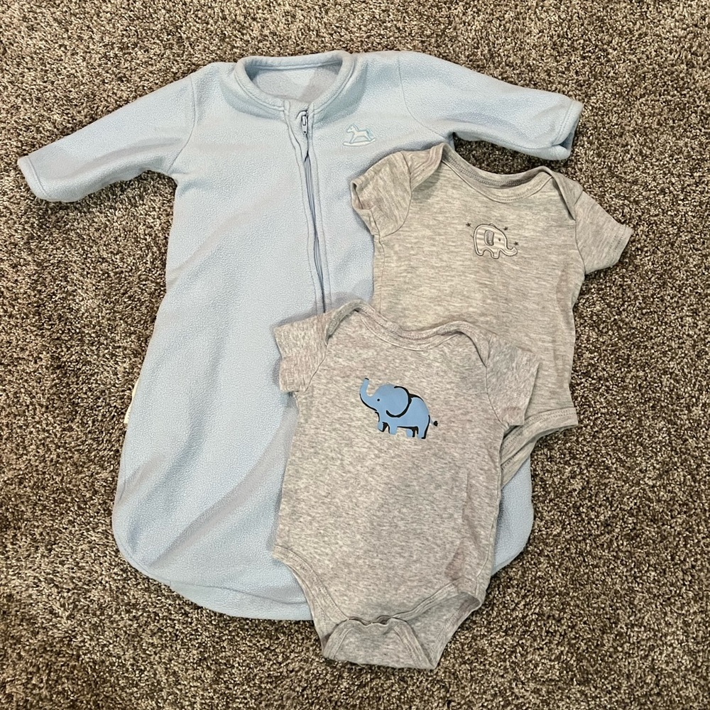 Baby boy Sleep sack (small) with 2 elephant onesies